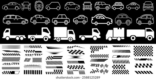 Car icons, truck silhouettes, racing stripes, checkered flags, speed graphics, automotive design elements, vector transport symbols, vehicle pictograms, car clipart, transportation illustration