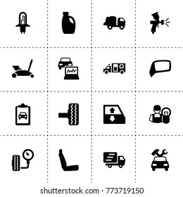 Car icons. vector collection filled car icons. includes symbols such as paint spray gun, tire, tire pressure, chair, garbage truck. use for web, mobile and ui design.