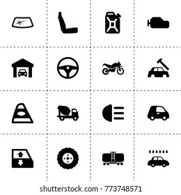 Car icons. vector collection filled car icons. includes symbols such as tire, steering wheel, gearbox, oil can, chair, hight beem light. use for web, mobile and ui design.