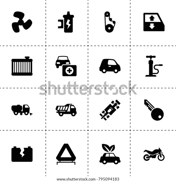 Car icons. vector collection\
filled car icons. includes symbols such as timing belt, spark coil,\
fan, sweeper truck, tipper, key. use for web, mobile and ui\
design.