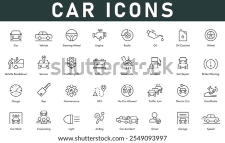Car Icons vector illustration with thin line editable stroke contains speed garage vehicle brake oil wheel service repair key gauge maintenance GPS handbrake airbag light carpooling