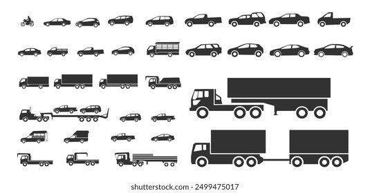 car icons vector illustration, vehicle icons,  motor bike, lorry, van, crane, container, truck, cab,  automobile icons, pickup truck, jeep