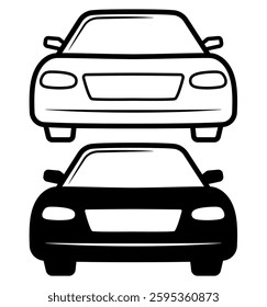 Car icons. Vector outline and silhouette illustration of a car. Transportation, vehicle, automobile. 