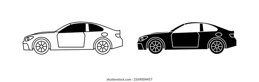Car icons. View from the side icons. Linear and silhouette style. Vector icons.