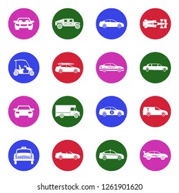 Car Icons. White Flat Design In Circle. Vector Illustration.