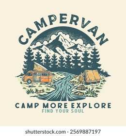 car illustration camping graphic forest design river badge wanderlust vintage mountain