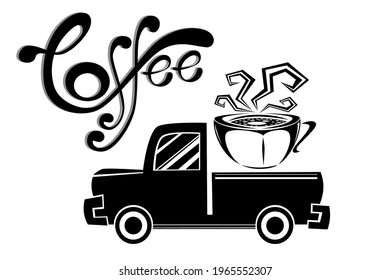 Car illustration with coffee cup on white background