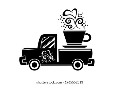 Car illustration with coffee cup on white background