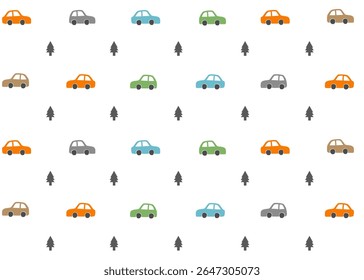 A Car illustration pattern with white background, fabric packaging, textile illustration hand drawn print ads, kids wear business. Transportation and travel business