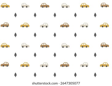 A Car illustration pattern with white background, fabric packaging, textile illustration hand drawn print ads, kids wear business. Transportation and travel business