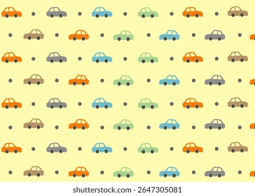 Un patrón de ilustración de coche con fondo amarillo, embalaje de tela, ilustración textil dibujado a mano anuncios de impresión, negocio de ropa para niños. Transporte y viajes de negocios