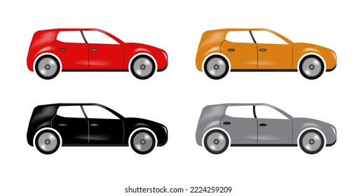 Car illustration set, Auto side view, Red, yellow, black and white automobile, Vector car icon set