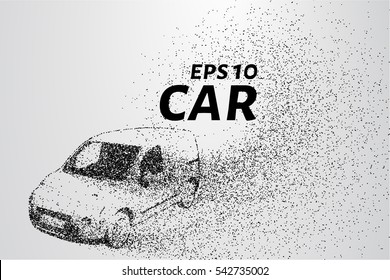 Car illustration transforming into small pieces. Particles fly off from the car in the form of turbulence