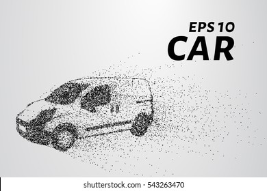 Car illustration transforming into small pieces. Particles fly off from the car in the form of turbulence