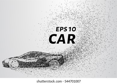 Car illustration transforming into small pieces. Particles fly off from the car in the form of turbulence