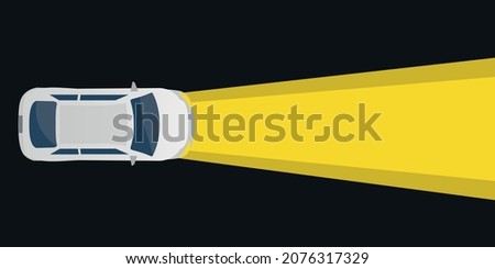 Car Illustration and xenon lamp headlight concept on black background. Rent a car, Travel accident, light assistant or insurance purchase concept