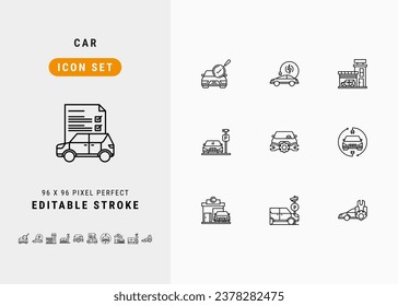 Car Includes Review, EV Car, Dealership, Car Park and Maintenance. Line Icons Set. Editable Stroke Vector Stock. 96 x 96 Pixel Perfect.