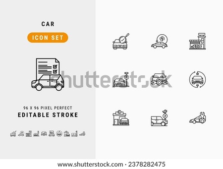 Car Includes Review, EV Car, Dealership, Car Park and Maintenance. Line Icons Set. Editable Stroke Vector Stock. 96 x 96 Pixel Perfect.