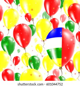 CAR Independence Day Seamless Pattern. Flying Rubber Balloons in Colors of the Central African Flag. Happy CAR Day Patriotic Card with Balloons, Stars and Sparkles.