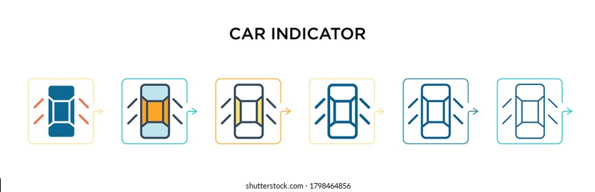 Car indicator vector icon in 6 different modern styles. Black, two colored car indicator icons designed in filled, outline, line and stroke style. Vector illustration can be used for web, mobile, ui