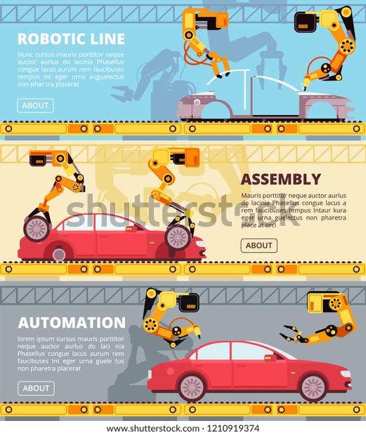 Car\
industry assembly line. Auto production factory with industrial\
robots. Automobile manufacturing vector banners\
set