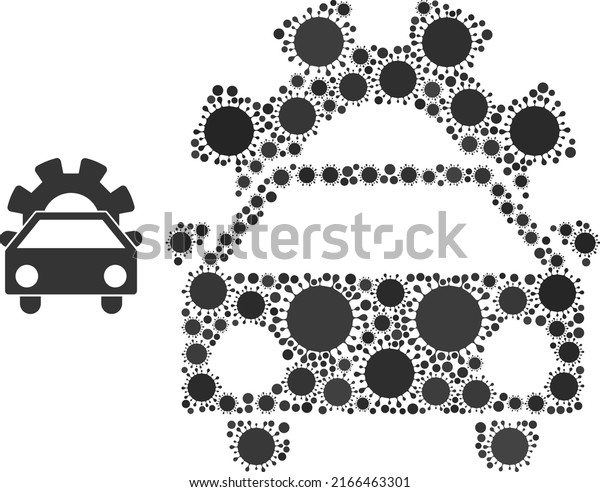 Car industry mosaic icon.\
Vector mosaic composed from randomized bacilla items. Bacilla\
mosaic car industry icon. Car industry mosaic for pandemic\
images.
