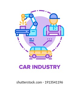 Concepto de icono del vector del sector del automóvil. Trabajador De Fábrica De Automóviles Y Equipo Robótico Para Detalles De Automóviles De Producción. Ilustración de color de la línea de control de la planta industrial