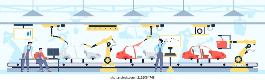 Car industry. Vehicle smart manufacturing on factory with cars repairman and engineers. Auto assembly on conveyor line, industrial business recent vector scene