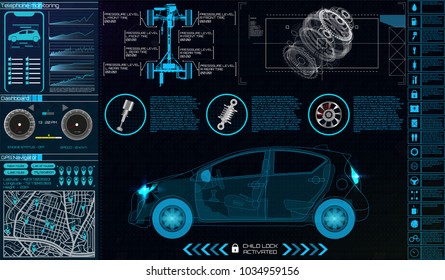 Car infographics. HUD for the application. Virtual graphical interface Ui HUD Autoscanning, analysis and diagnostics, Abstract vector science.  auto service . phone control, Futuristic user interface
