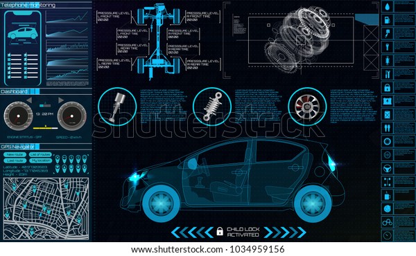 Modern sports car dashboard with navigation display. Cockpit of futuristic  autonomous car. Abstract virtual graphic touch user interface. Car Auto  Service, Modern Design, Diagnostic Auto. Stock Vector