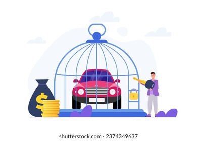 Car inside cage, debt personal car concept. Flat Vector illustrations for banner, website, landing page, flyer.