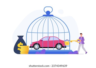 Auto in Käfig, Schuldverschreibung Personenkraftwagen Konzept. Flache Vektorgrafiken für Banner, Website, Landing Page, Flyer.