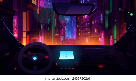 Car inside dashboard and future neon road view vector illustration. Cityscape drive with urban light street landscape and transport interior. Taxi gps navigation display in dark futuristic downtown.