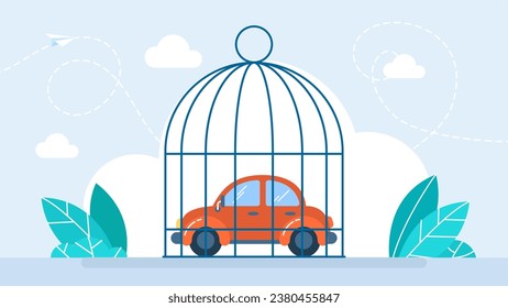 Car inside lock cage. Debt personal car. The concept of a fine, arrest, loan of movable property. Auto in birdcage. Trendy vector illustration in flat style