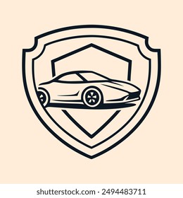 Coche dentro de un escudo que define seguro para la Ilustración vectorial de la camiseta del logotipo.