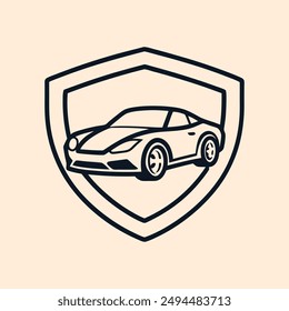 Car inside a shield that defines secure for logo t-shirt vector illustration.