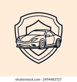 Car inside a shield that defines secure for logo t-shirt vector illustration.