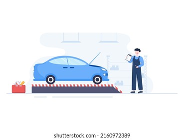 Car Inspection of The Station Detects Faults, Draws up a Checklist of All Breakdowns, Repair and Analysis Transport in Flat Cartoon Illustration