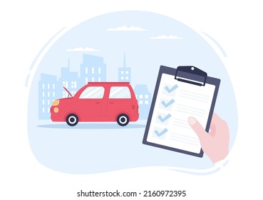 Car Inspection of The Station Detects Faults, Draws up a Checklist of All Breakdowns, Repair and Analysis Transport in Flat Cartoon Illustration