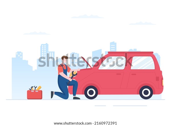 Car Inspection of The Station Detects\
Faults, Draws up a Checklist of All Breakdowns, Repair and Analysis\
Transport in Flat Cartoon\
Illustration