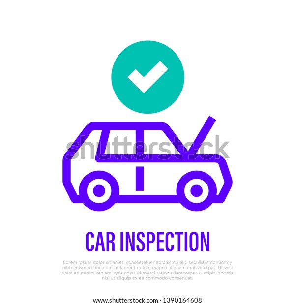 Car
inspection thin line icon: car with opened hood and check mark
above. Vector illustration for car
service.