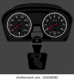 Car instrument panel,vector image of a speedometer, tachometer,gear shifter,texture of a metal