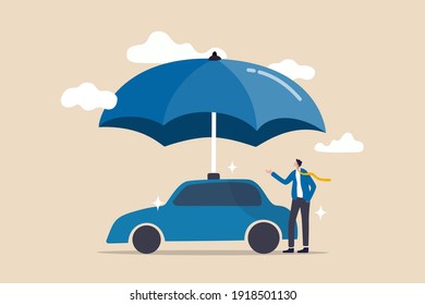 Car Insurance, Accident Protection For Vehicle, Safety Or Assurance Service Concept, Businessman Car Owner Or Insurance Agent Stand With New Car Under Strong Umbrella Protection Shield.