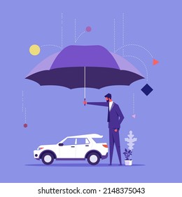 Car insurance, accident protection for vehicle, safety or assurance service concept, insurance agent stand with car under umbrella protection shield