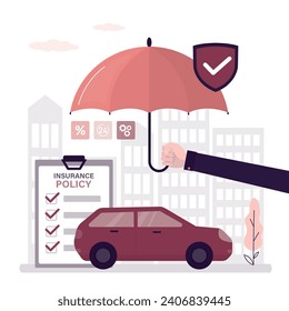 Car insurance, accident protection for vehicle, safety or assurance service concept,  insurance agent hand holds umbrella. New car under huge umbrella protection shield. Insurance policy. flat vector