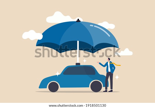 Car\
insurance, accident protection for vehicle, safety or assurance\
service concept, businessman car owner or insurance agent stand\
with new car under strong umbrella protection\
shield.