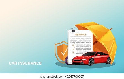 Car insurance advertising with red automobile, orange shield and umbrella. Concept of vehicle protection. Vector illustration