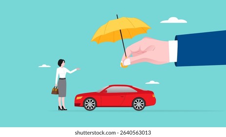 car insurance or insurance against driving accident, automobile protection concept, assurance cover for transportation accident, big businesswoman hand protects the car and its owner from danger