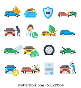 Car insurance against unpleasant incidents icon set. Providing services for car insurance vector illustration in a flat style. 