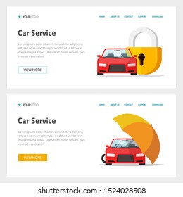 Car insurance or automobile protection service website template design vector layout or mockup, flat cartoon web site landing page with vehicle protected with lock shield or umbrella security banner